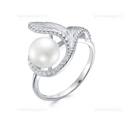 Кольцо из серебра 925 пробы с белой жемчужиной 9,5-10 мм. Артикул 10518