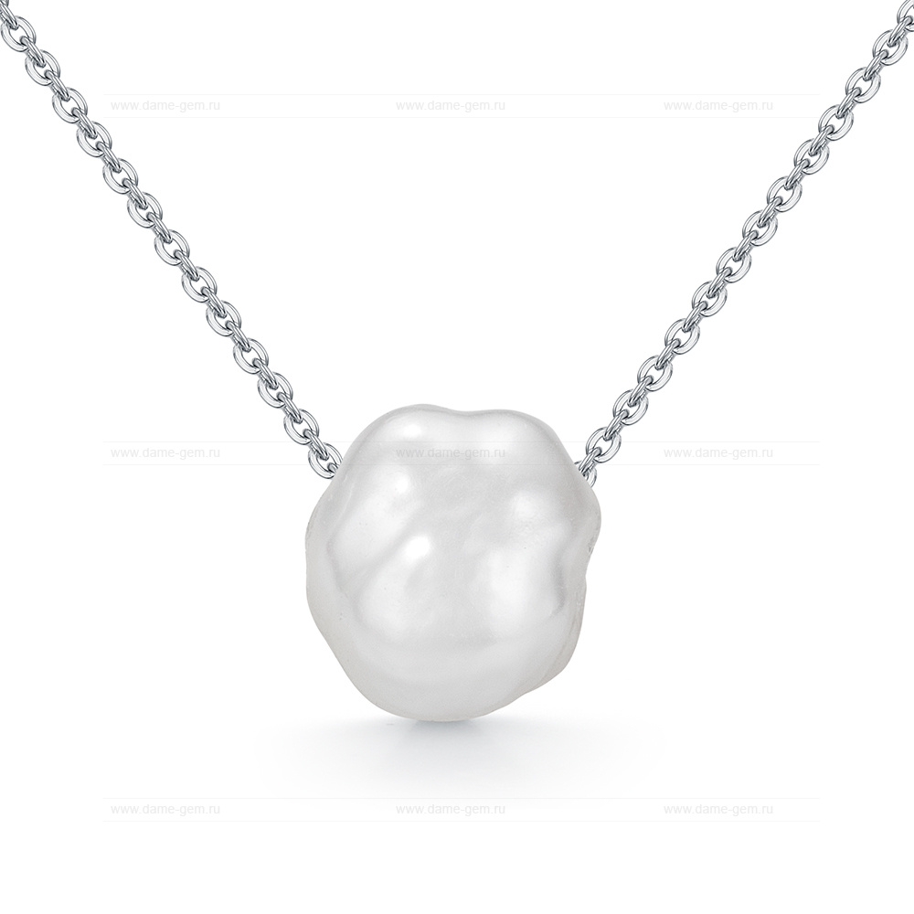 Цепочка из белого золота 585 пробы с белой жемчужиной "Барокко" 10-11 мм. Артикул 12044
