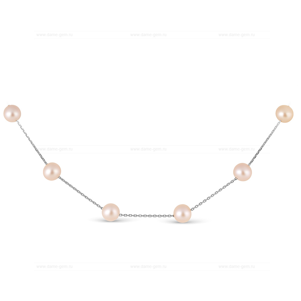 Цепочка из белого золота 585 пробы с розовыми морскими жемчужинами 7-7,5 мм. Артикул 9991