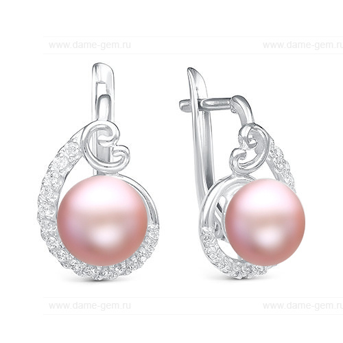 Серьги из серебра с розовыми жемчужинами 9,5-10 мм. Артикул 10388