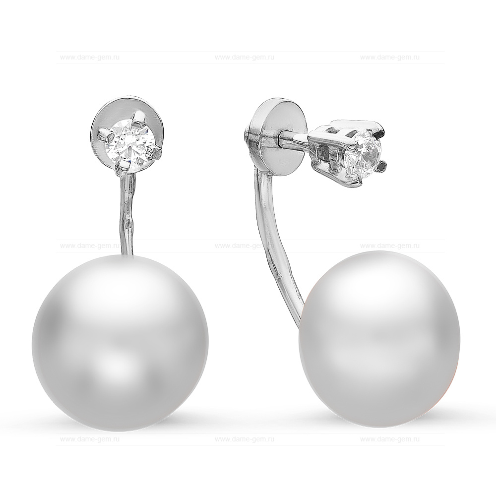 Двойные пусеты "Dior" из серебра с белыми жемчужинами 9,5-10 мм. Артикул 10930