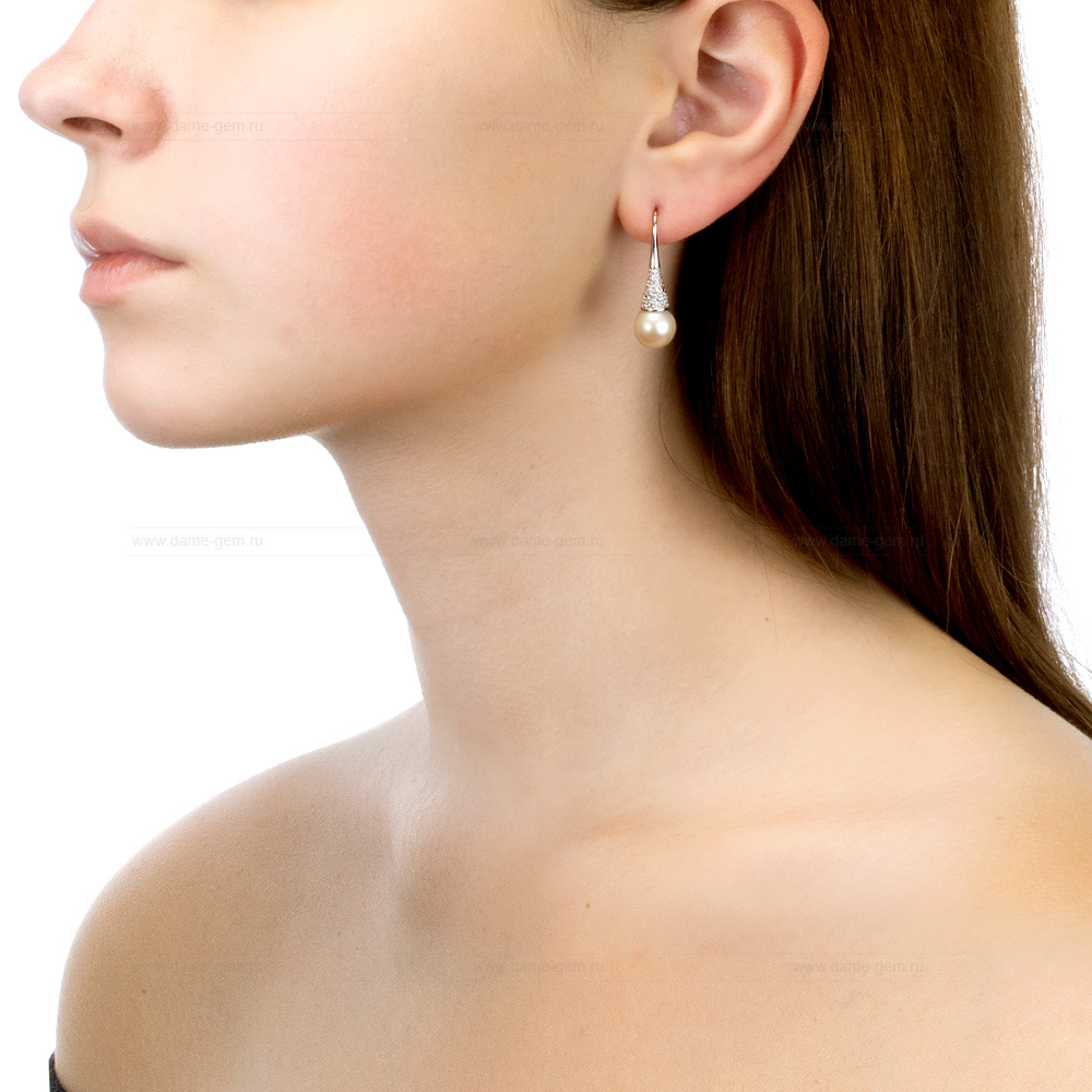 Серьги из серебра с белыми жемчужинами 8,5-9 мм. Артикул 11443