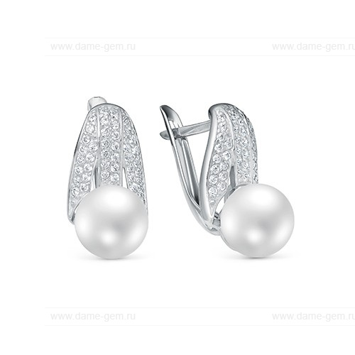 Серьги из серебра с белыми жемчужинами 8-8,5 мм. Артикул 11365