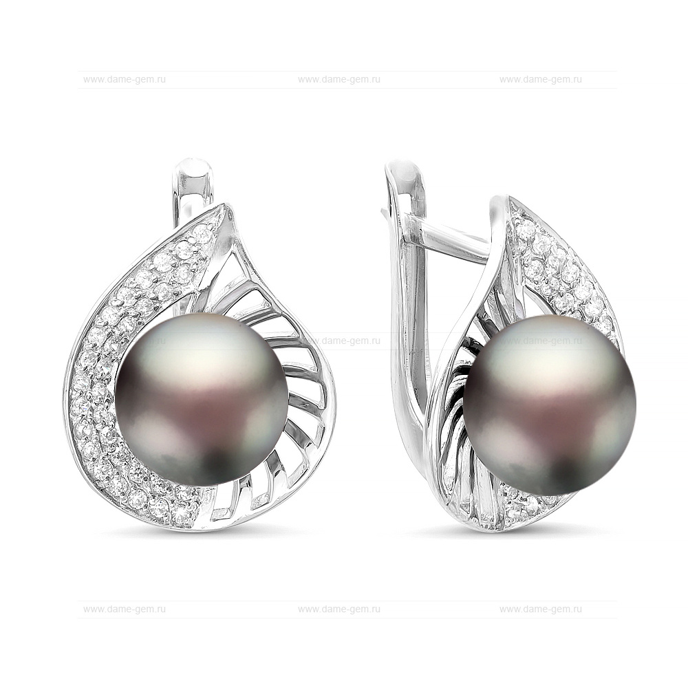 Серьги из серебра с черными жемчужинами 8,5-9 мм. Артикул 11336