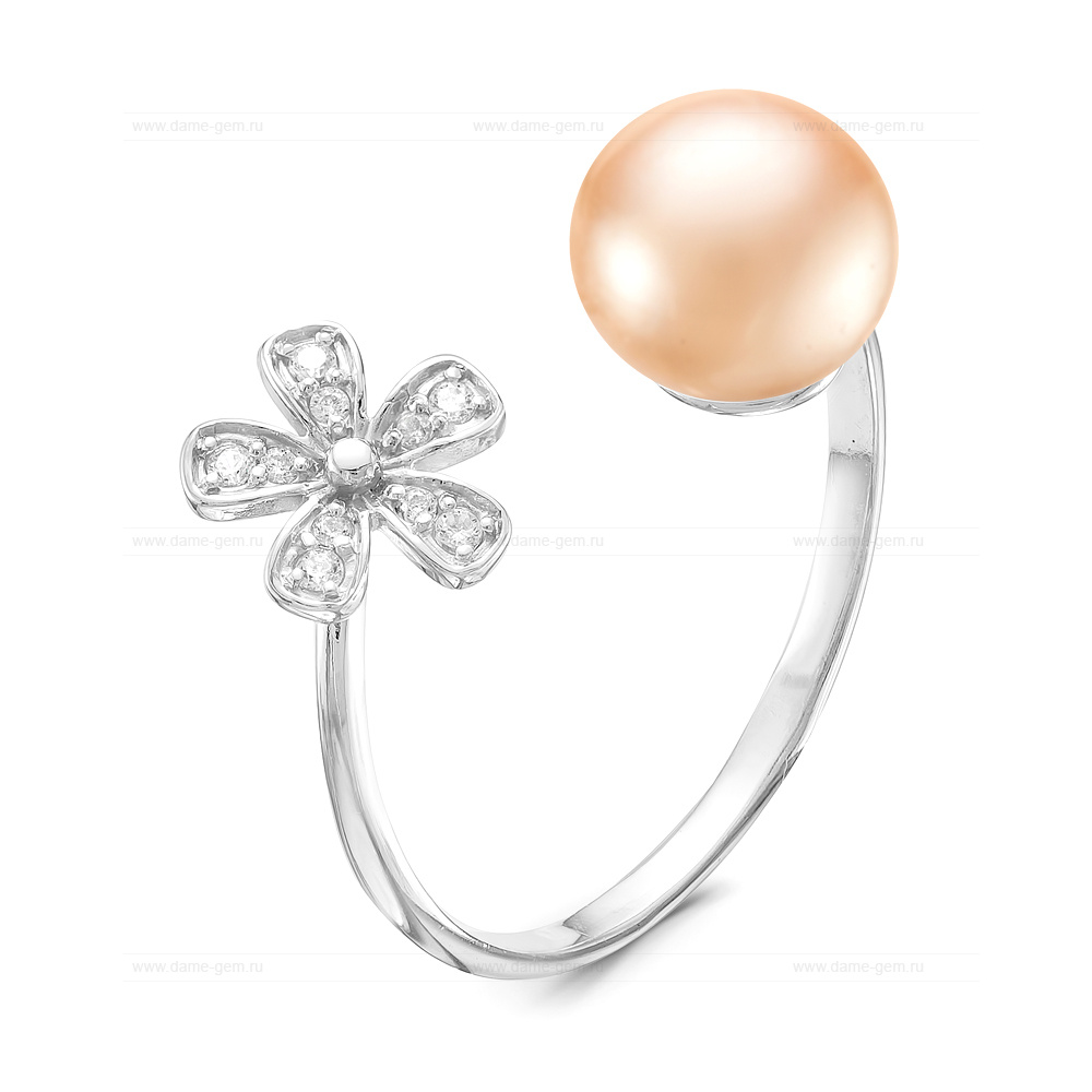 Двойное кольцо "Dior" из серебра 925 пробы с розовой жемчужиной 7,5-8 мм. Артикул 9257