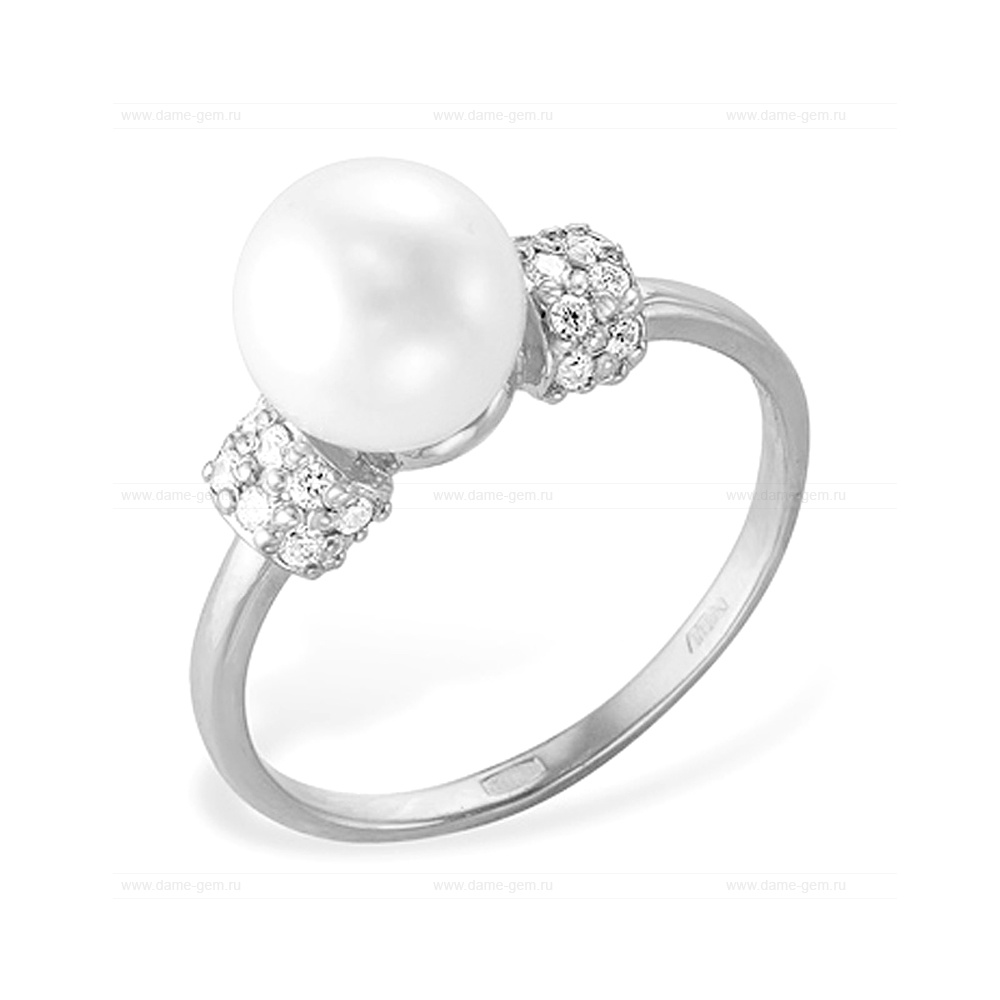 Кольцо из белого золота 585 пробы с белой жемчужиной 7-7,5 мм. Артикул 12015