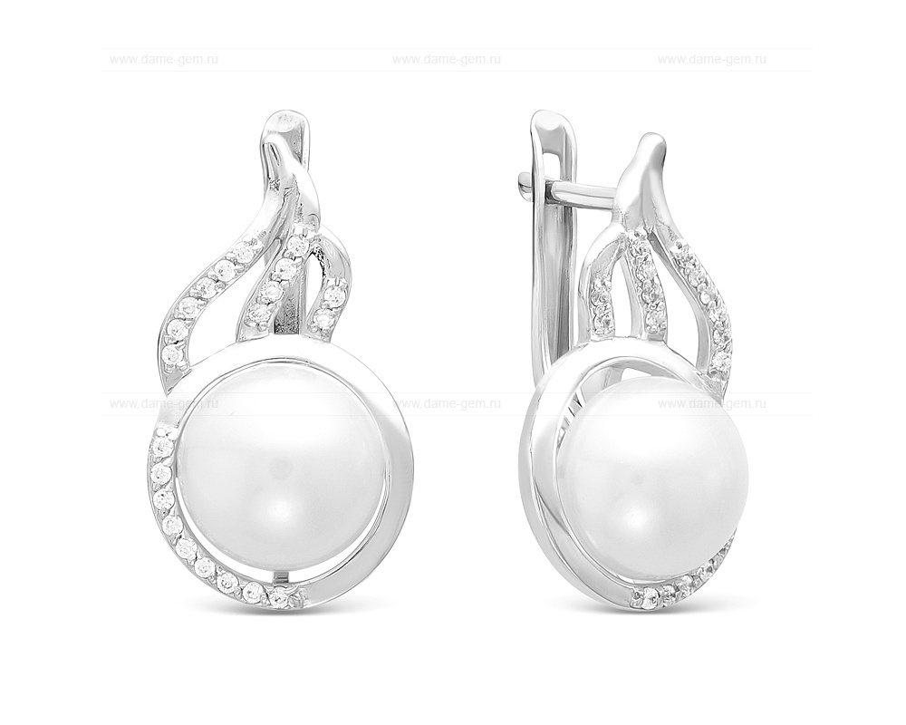 Серьги из серебра с белыми жемчужинами 9,5-10 мм. Артикул 12438 Серьги из серебра с белыми жемчужинами 9,5-10 мм. Артикул 12438