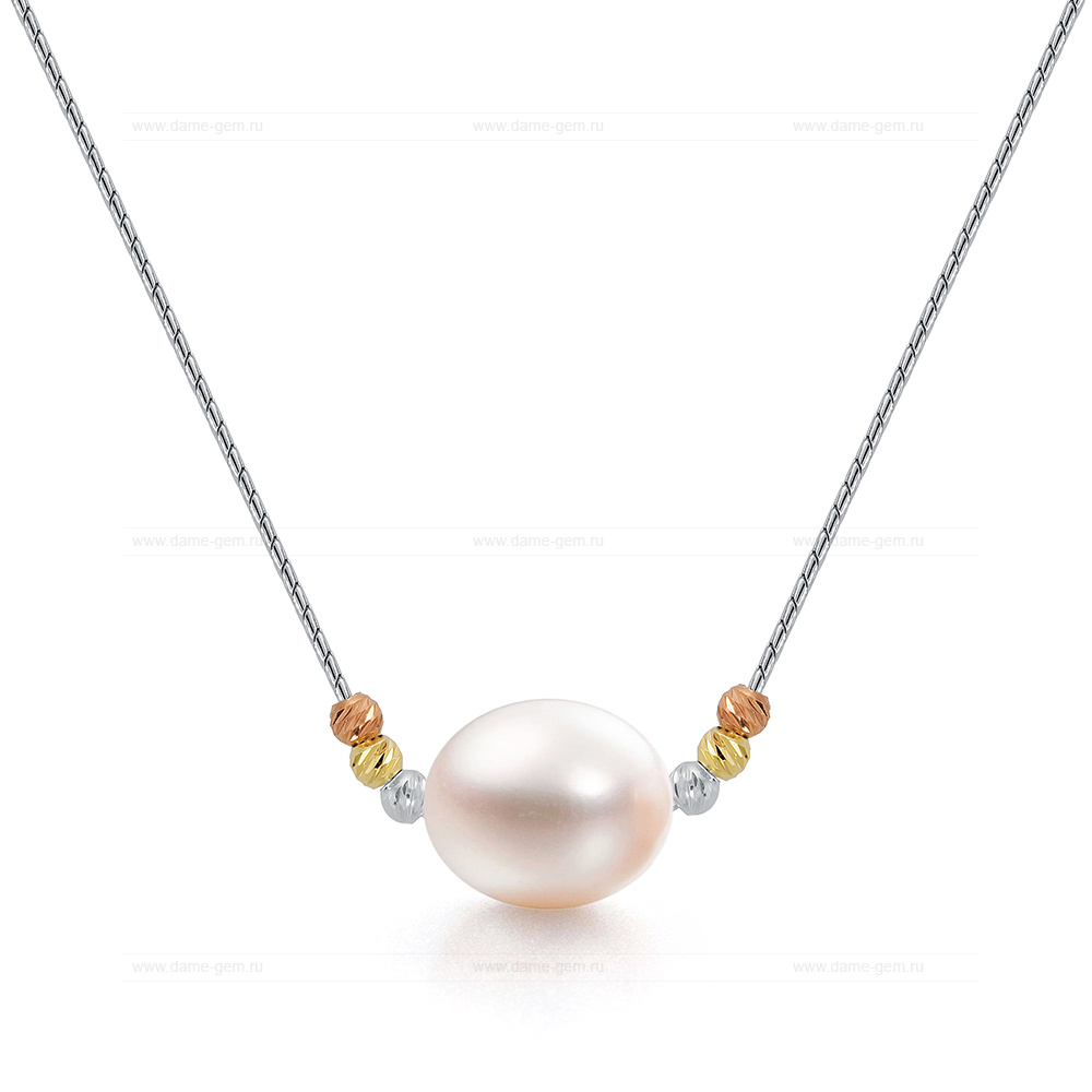 Цепочка из серебра 925 пробы с белой речной жемчужиной 9-10 мм. Артикул 11637