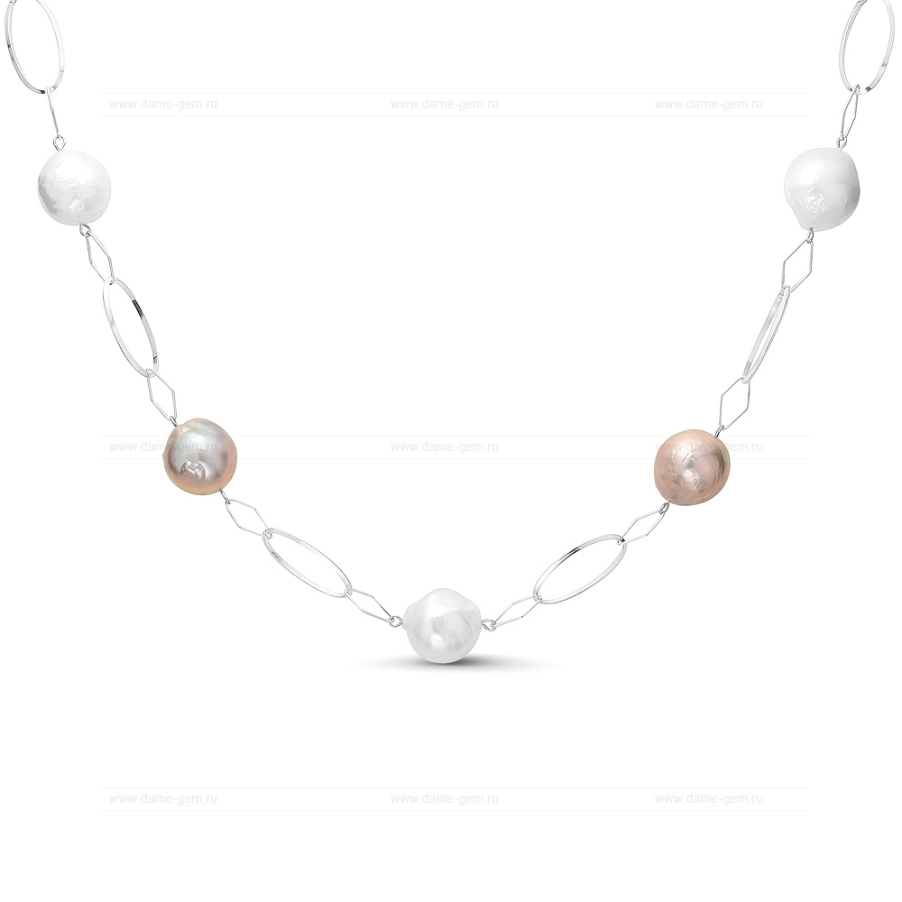 Колье из серебра 925 пробы с белыми и серыми барочными жемчужинами 13-16 мм. Артикул 11604