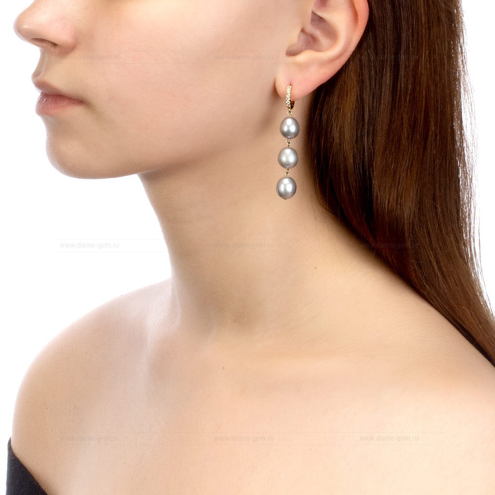 Длинные серьги из серебра c серыми жемчужинами 10-11 мм. Артикул 8662