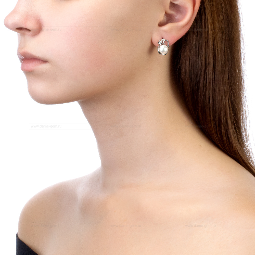 Серьги из серебра с белыми жемчужинами 7,5-8 мм. Артикул 10391