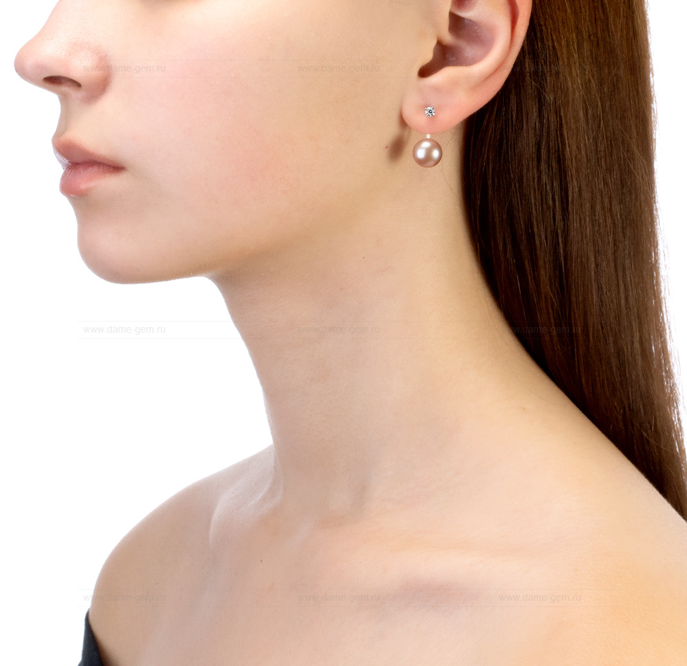 Двойные пусеты "Dior" из серебра с розовыми жемчужинами 9,5-10 мм. Артикул 10929