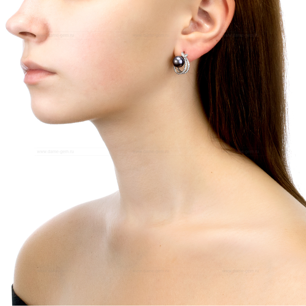 Серьги из серебра с черными жемчужинами 8,5-9 мм. Артикул 11114