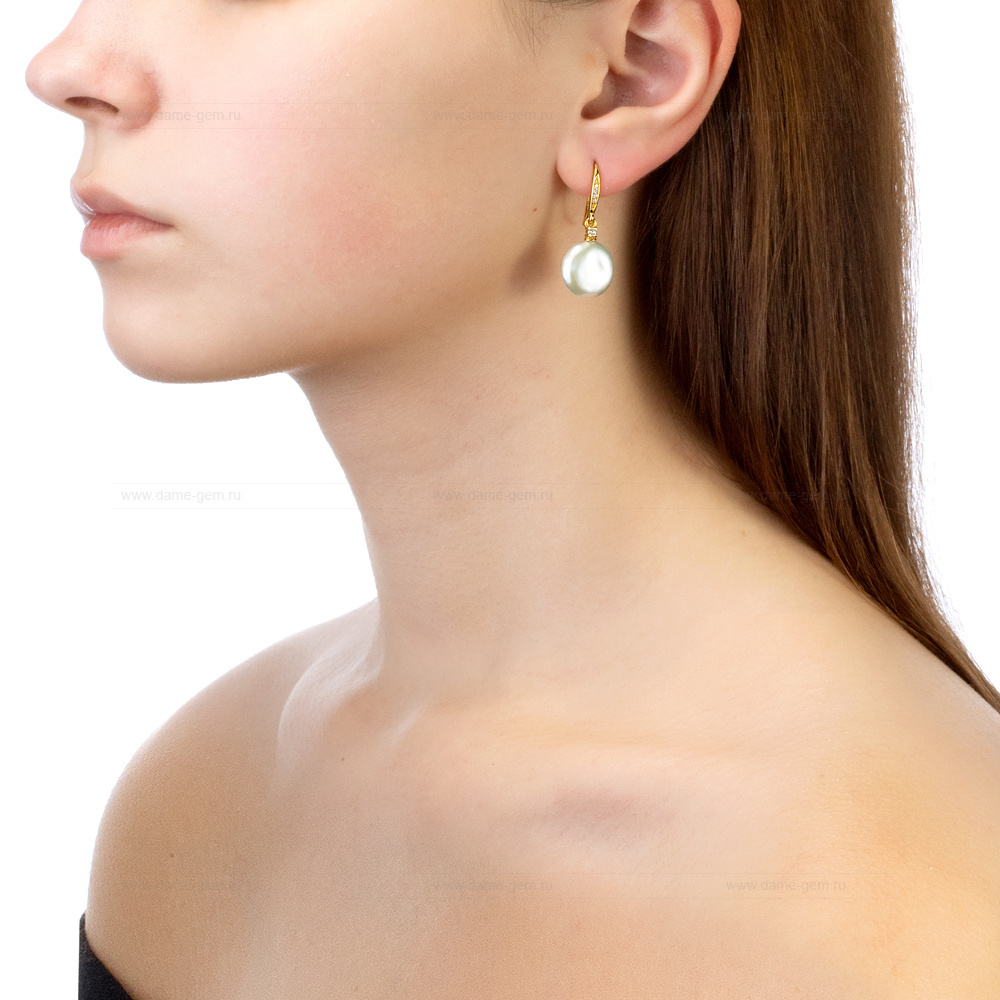 Серьги из серебра с белыми жемчужинами "барокко" 13,5-14 мм. Артикул 12484