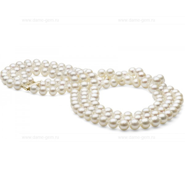 Ожерелье в 3 ряда из белого круглого речного жемчуга 7-7,5 мм. Качество жемчуга высокое АА+. Артикул 8455