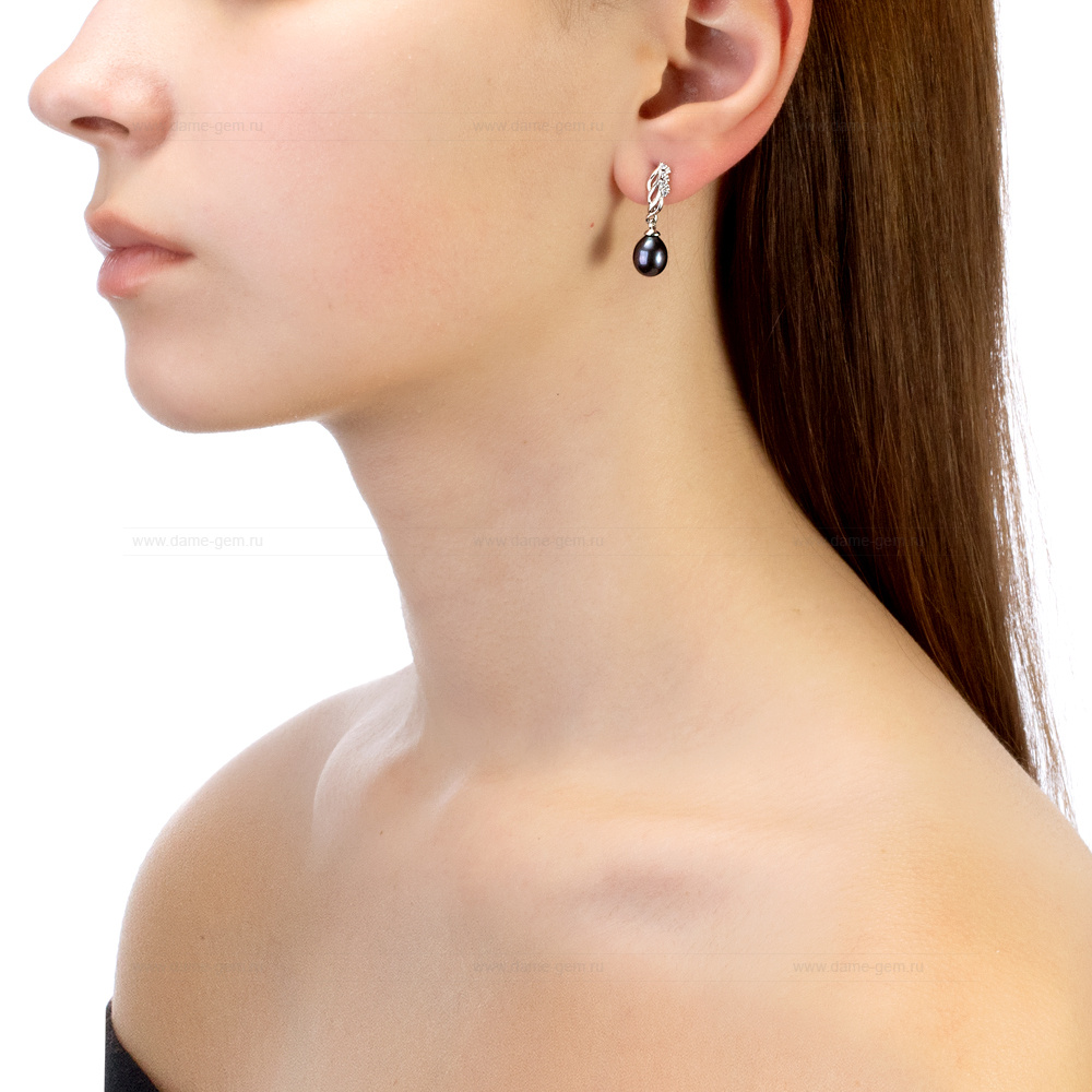 Серьги из серебра с черными жемчужинами "капля" 7,5-8 мм. Артикул 12472