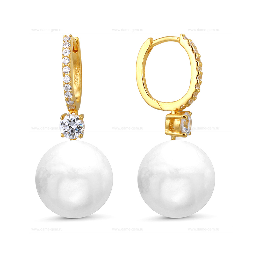 Серьги из серебра с японскими белыми жемчужинами 14-14,5 мм. Артикул 12222