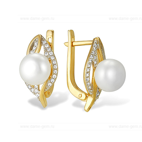 Серьги из желтого золота с белыми жемчужинами 8-8,5 мм. Артикул 11986