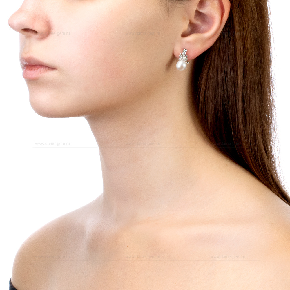 Серьги из серебра с белыми жемчужинами 8-8,5 мм. Артикул 11581