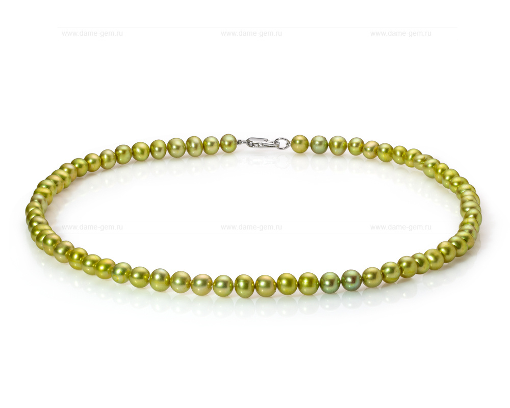 Ожерелье из фисташкового круглого речного жемчуга 6-6,5 мм. Качество жемчуга наивысшее ААА. Артикул 7712