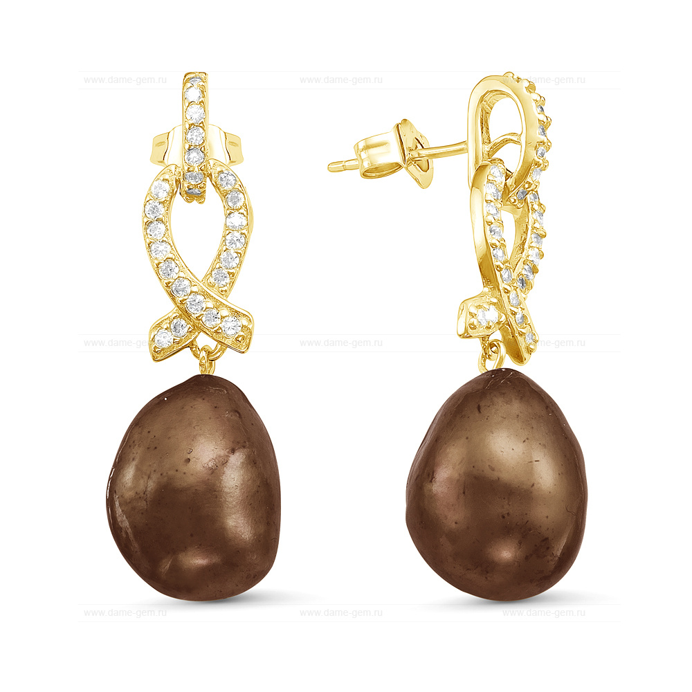 Серьги из серебра с шоколадными жемчужинами 13-16 мм. Артикул 12119