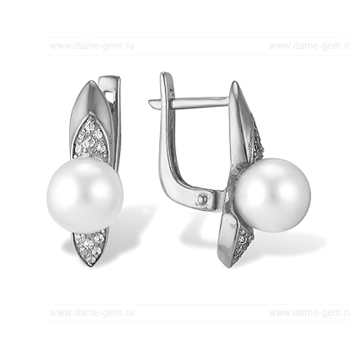 Серьги из белого золота с белыми жемчужинами 7,5-8 мм. Артикул 11983