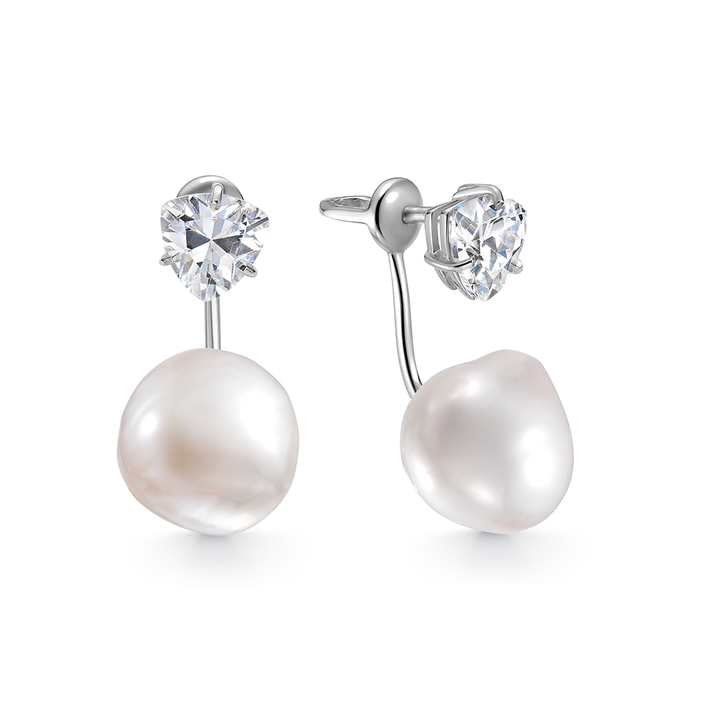 Двойные пусеты "Dior" с белым речным барочным жемчугом 10-11 мм. Артикул 11317