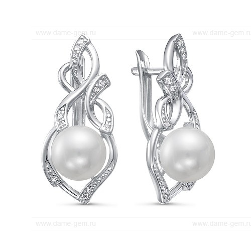 Серьги из серебра с белыми жемчужинами 8-8,5 мм. Артикул 12395