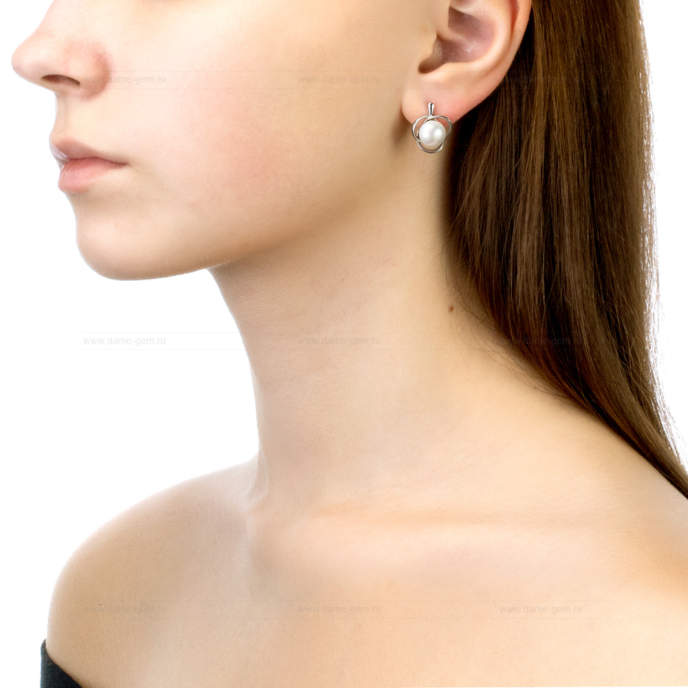 Серьги из серебра с белыми жемчужинами 8,5-9 мм. Артикул 10820