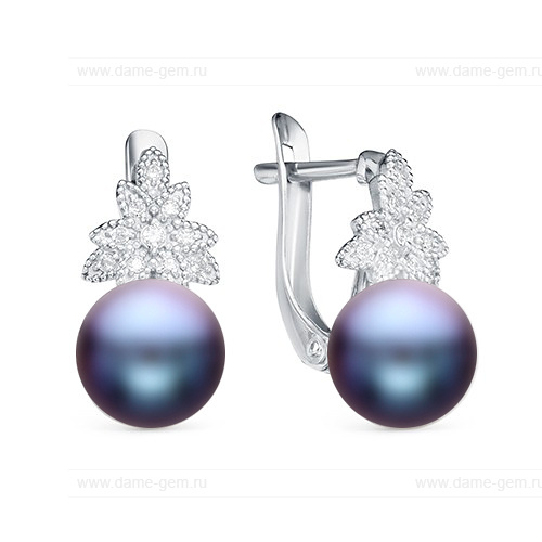 Серьги из серебра с черными жемчужинами 7,5-8 мм. Артикул 11520