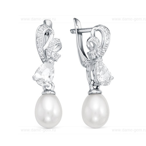 Серьги из серебра с белым каплевидным жемчугом 7,5-8 мм. Артикул 12393