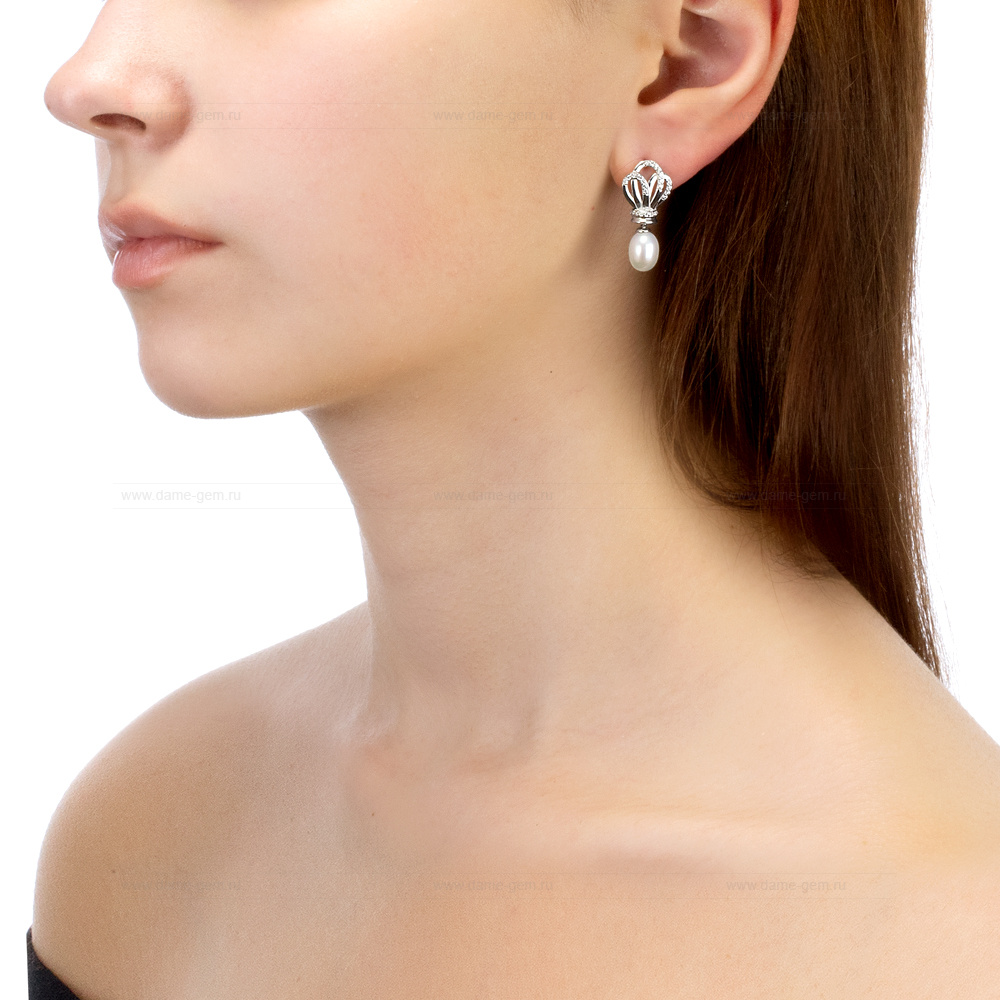 Серьги из серебра с белыми жемчужинами 7-8 мм. Артикул 12228