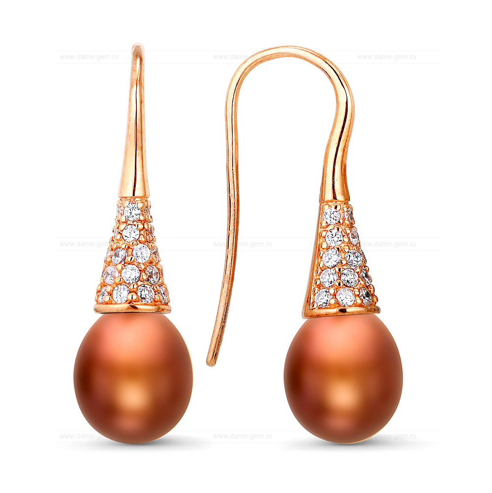 Серьги из серебра с шоколадными жемчужинами 8,5-9 мм. Артикул 11314