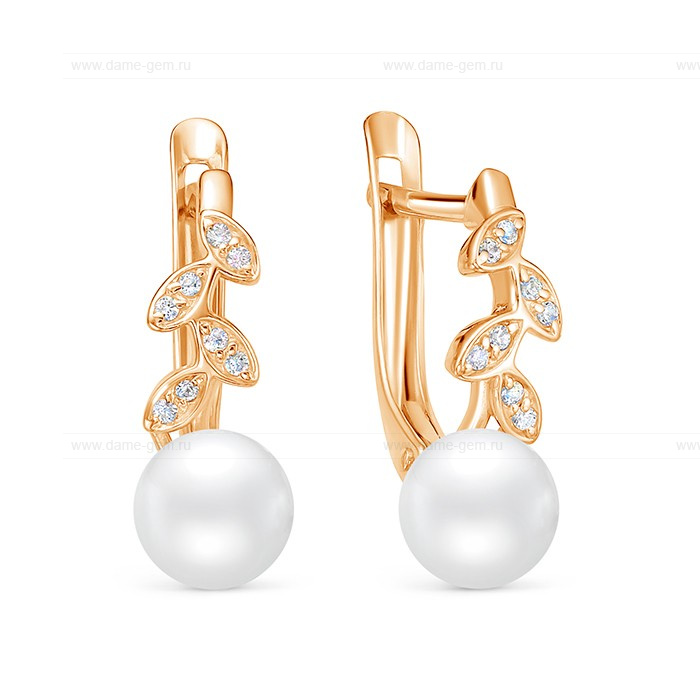 Серьги из красного золота с белыми жемчужинами 7,5-8 мм. Артикул 12852