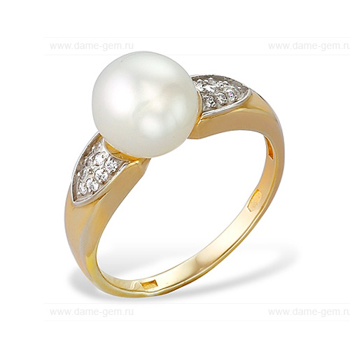 Кольцо из желтого золота 585 пробы с белой жемчужиной 7,5-8 мм. Артикул 12027