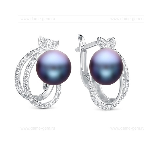 Серьги из серебра с черными жемчужинами 8,5-9 мм. Артикул 11114