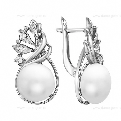 Серьги из серебра с белыми жемчужинами 9,5-10 мм. Артикул 11554