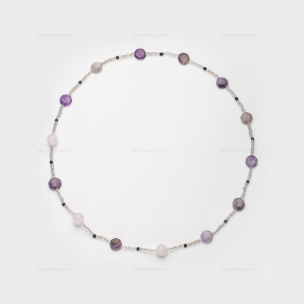 Бусы из аметиста, розового кварца, агата и бисера. Артикул 12644