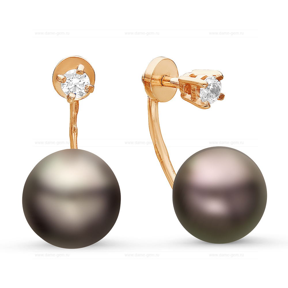 Двойные пусеты "Dior" из серебра с черными жемчужинами 9,5-10 мм. Артикул 10777 Двойные пусеты "Dior" из серебра с черными жемчужинами 9,5-10 мм. Артикул 10777