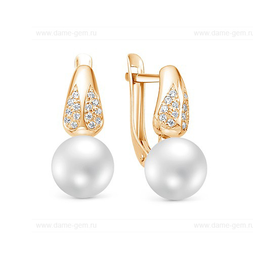 Серьги из желтого золота с белыми жемчужинами 8,5-9 мм. Артикул 9468