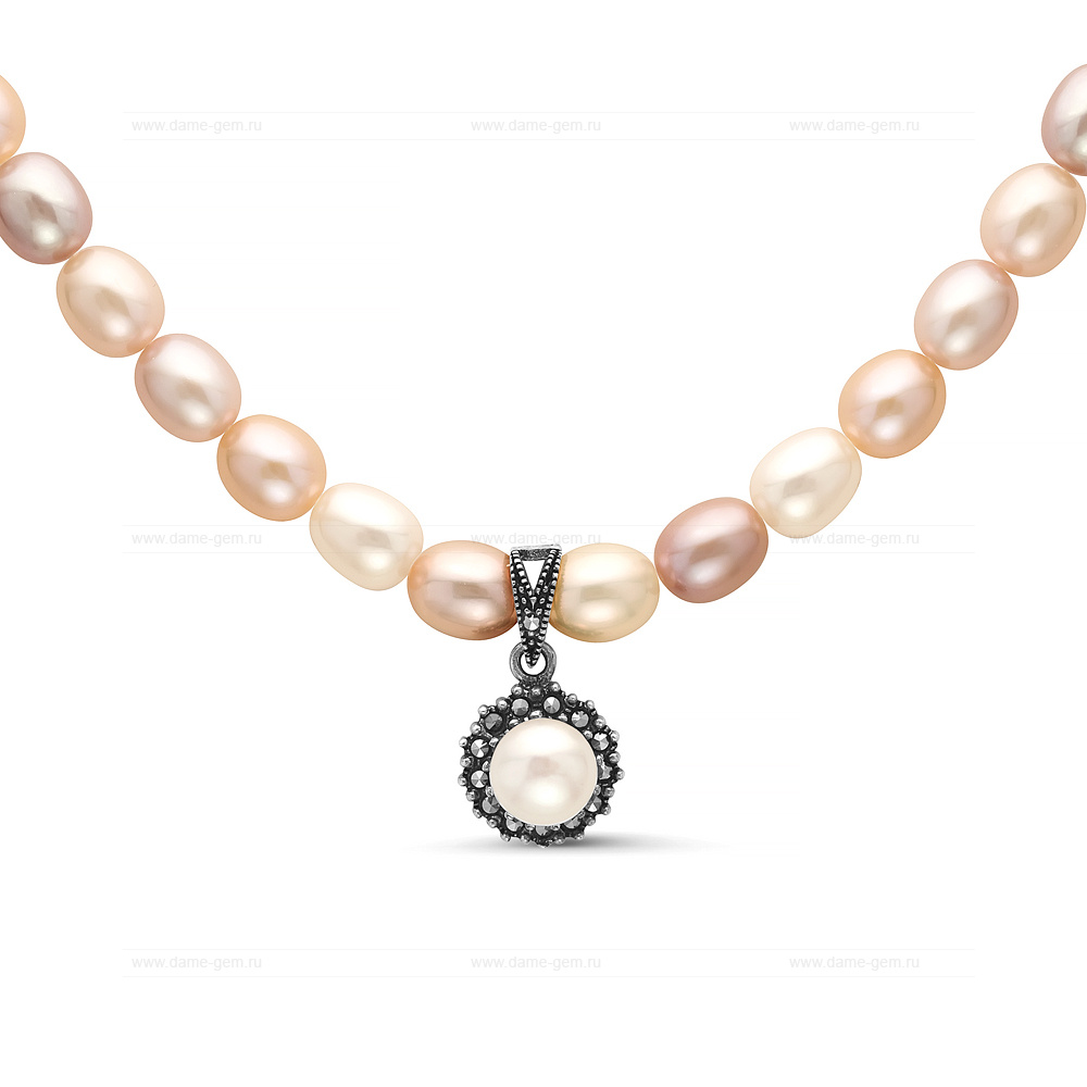 Ожерелье "микс" с кулоном из розового речного жемчуга 7,5-8 мм. Качество жемчуга наивысшее ААА. Артикул 11352