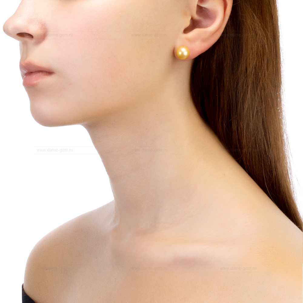 Пусеты из серебра с золотистыми жемчужинами 10-10,5 мм. Артикул 7804