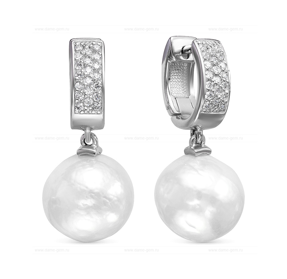 Серьги из серебра с белыми жемчужинами 12,5-13 мм. Артикул 12435 Серьги из серебра с белыми жемчужинами 12,5-13 мм. Артикул 12435