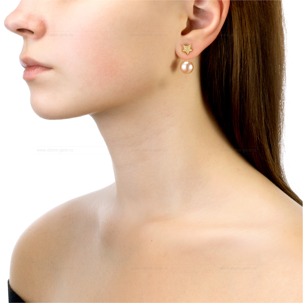 Двойные пусеты "Dior" из серебра с розовыми жемчужинами 10,5-11 мм. Артикул 11312 Двойные пусеты "Dior" из серебра с розовыми жемчужинами 10,5-11 мм. Артикул 11312