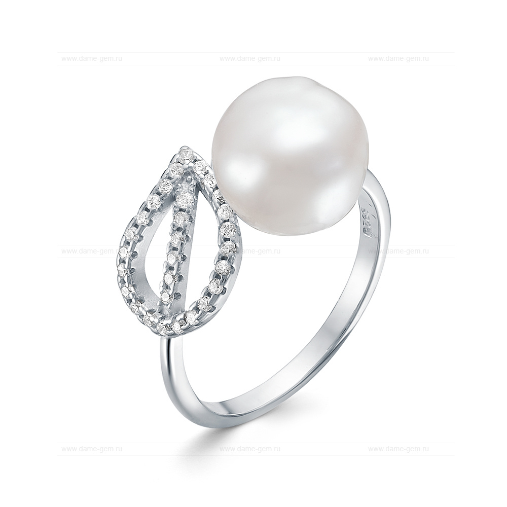 Кольцо из серебра 925 пробы с белой барочной жемчужиной 10-11 мм. Артикул 11536