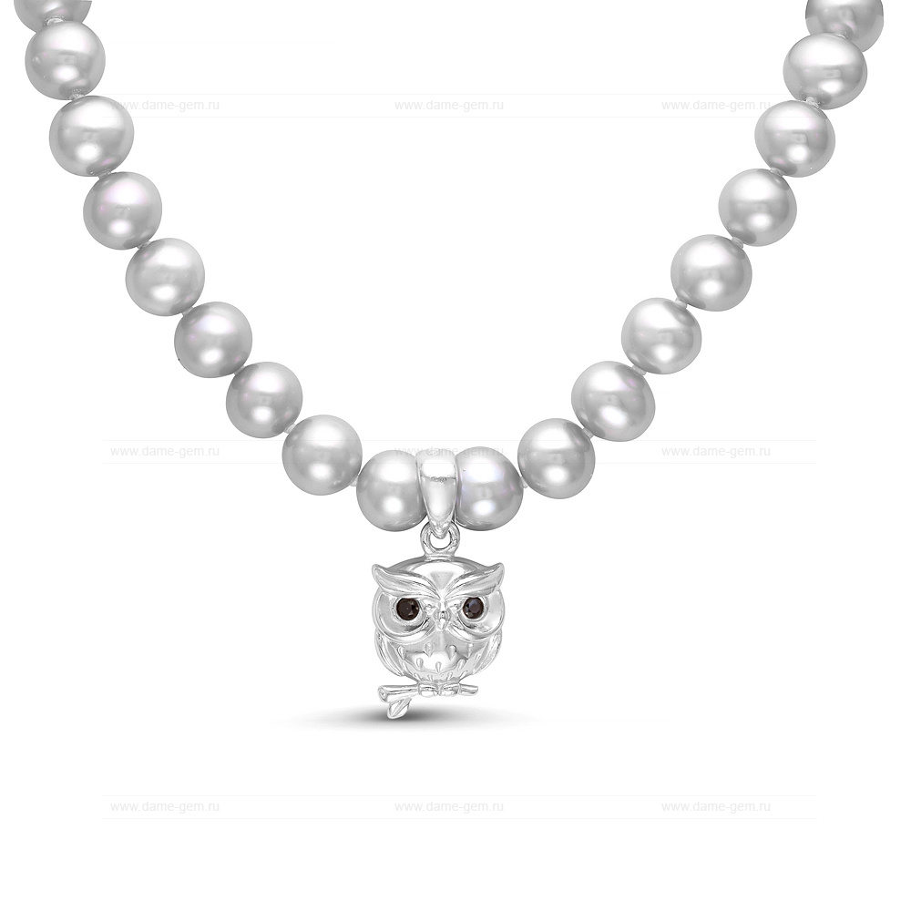 Детское ожерелье "Сова" из серебристого речного жемчуга 5-5,5 мм. Качество жемчуга наивысшее ААА. Артикул 11699