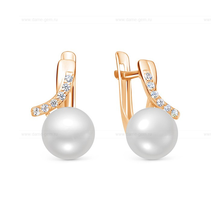 Серьги из красного золота с белыми жемчужинами 8,5-9 мм. Артикул 12105