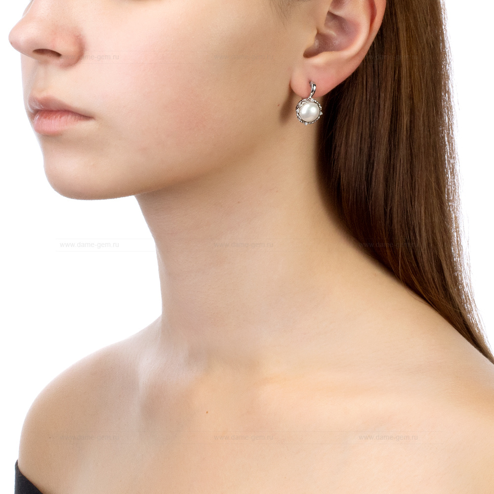 Серьги из серебра с белыми жемчужинами 9,5-10 мм. Артикул 11972