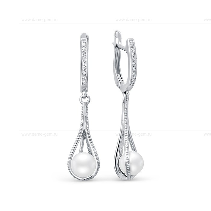 Серьги из серебра с белыми жемчужинами 6-6,5 мм. Артикул 12201