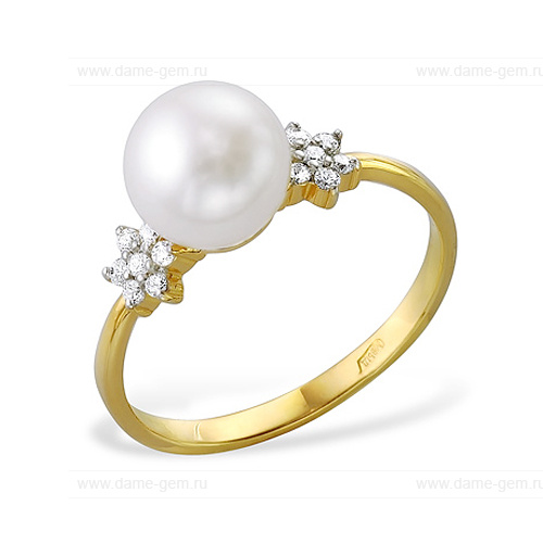Кольцо из желтого золота 585 пробы с белой жемчужиной 7-7,5 мм. Артикул 11999